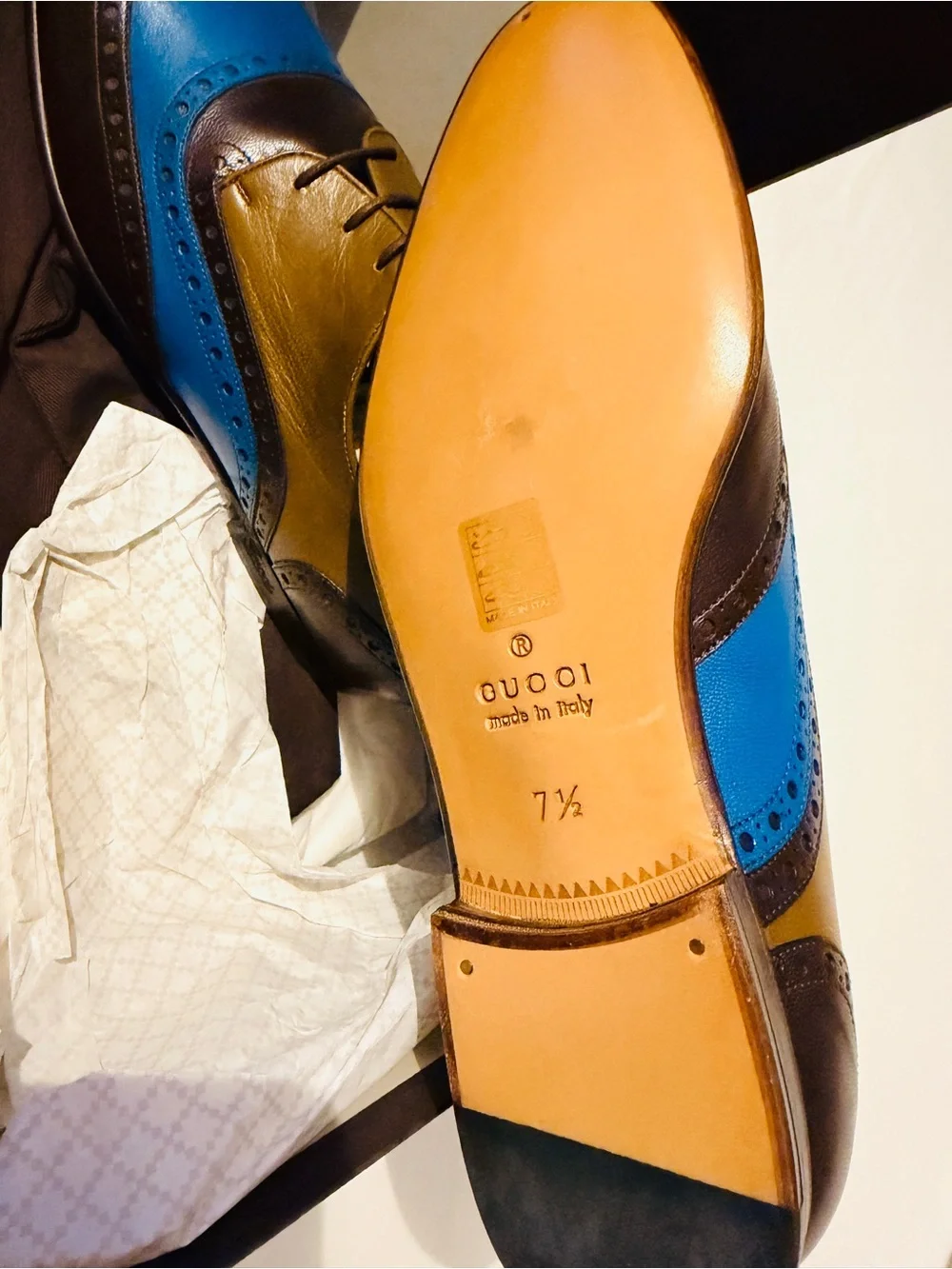 Gucci Brown, Blue and Mustard Leather Wingtip Oxfords